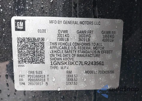 2020 Chevrolet Tahoe 4Wd Lt из США, поврежденный, VIN 1GNSKBKC7LR243561